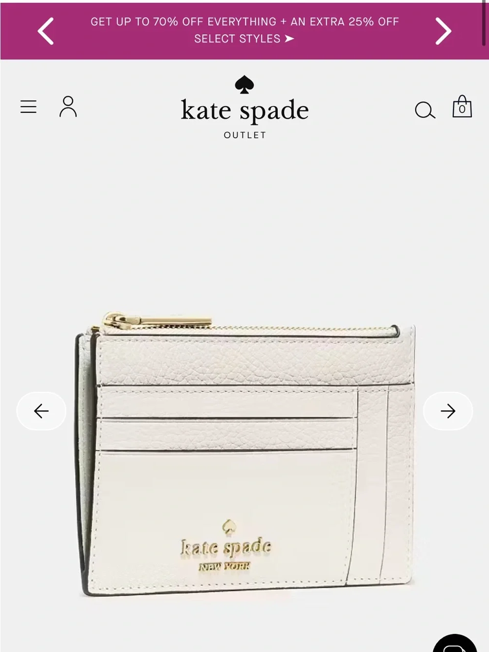kate spade cream leather zip card holder with gold-tone logo